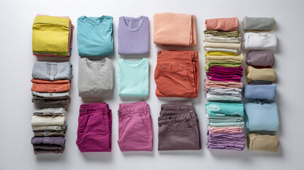 Vêtements pliés sur fond blanc, vue du dessus