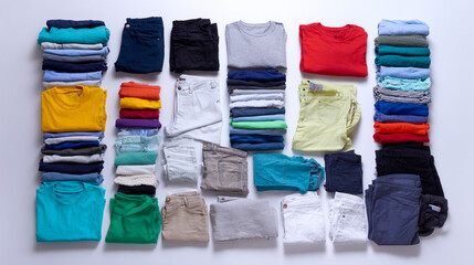 Vêtements pliés sur fond blanc, vue du dessus