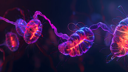 Obraz premium Glowing 3D illustration of meiosis focusing on chromosome pairing and cell division under a digital microscope.