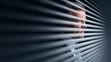 Intriguing man peering through window blinds in darkened room observing world outside privacy and surveillance theme.