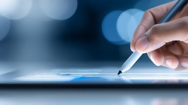 Efficient digital workflow person skillfully writing on tablet with stylus pen for enhanced productivity and creativity.