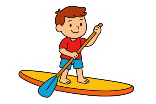 Boy stand up paddleboarding in summer cartoon graphic illustration doing water sport activity