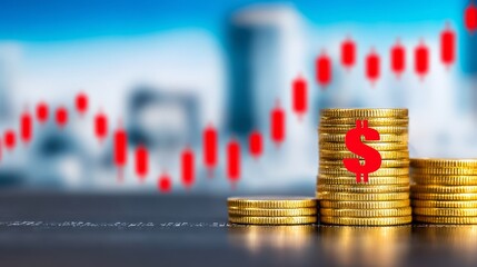 Financial growth concept stacked coins with ascending red arrow signifying investment success and economic progress.