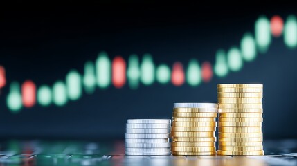 Financial growth concept stacks of gold coins representing wealth accumulation and investment strategy against a data chart background.