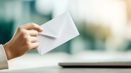 Close up of hand holding crisp white envelope confidential document delivery mail service communication.