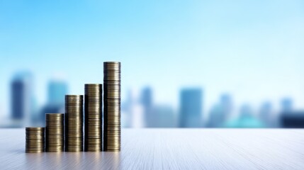 Golden coins stacked neatly on wooden table against blurry cityscape backdrop showcasing urban financial growth and investment.