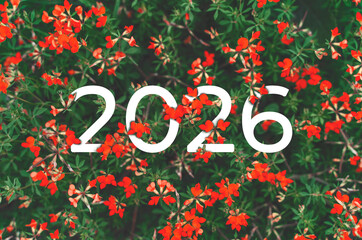 2026 New year white text hidden in red flowers and green leaves