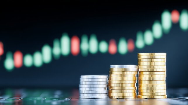 Financial growth concept stacks of gold coins representing wealth accumulation and investment strategy against a data chart background.