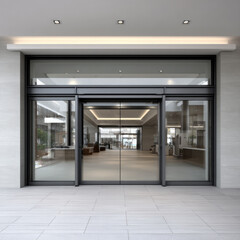 Modern glass shop door with black frame, automatic sliding entrance, bright interior, contemporary architecture, inviting and clean design