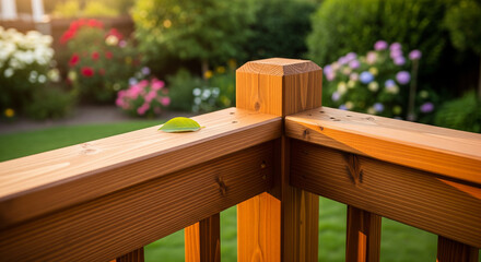  Close-up of a new, well-maintained wooden fence or deck railing, with a blurred backyard garden in the background. Emphasizes property features and outdoor living. Property features, outdoor living, 