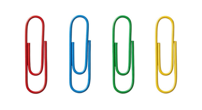 Four colorful paper clips in red, blue, green, and yellow isolated on transparent background