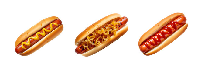 Set of three hot dogs isolated on a transparent background. Hotdog with ketchup, mustard, and fried onions. Overhead view.