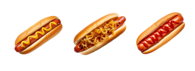 Set of three hot dogs isolated on a transparent background. Hotdog with ketchup, mustard, and fried onions. Overhead view.
