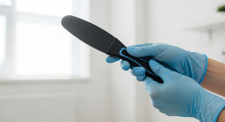 Gloved hands holding foot file, podiatry preparation in clinical setting, sterile hygiene and skin care