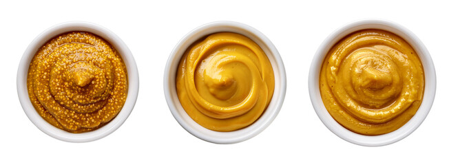 French, English, and wholegrain mustard. Three types of mustard in white pots, isolated on transparent background. Top down, overhead view.