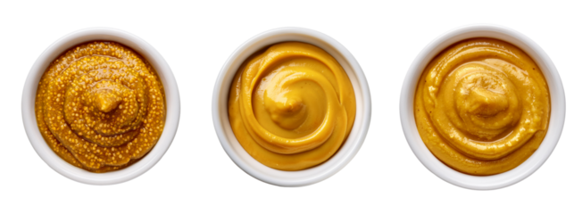 French, English, and wholegrain mustard. Three types of mustard in white pots, isolated on transparent background. Top down, overhead view.