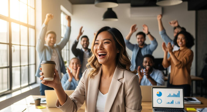 Asian woman celebrating with coffee in modern office, startup team success and workplace happiness in business environment