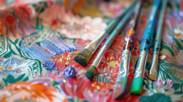 Close-up of paintbrushes resting on a colorful floral palette. The palette features vibrant colors and textures, ideal for artistic projects.