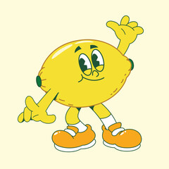 Retro Cartoon Lemon Vector Character with Face and Limbs Illustration