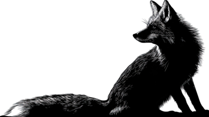 Cute black and white fox illustration with fur and tail, an animal drawing isolated on white