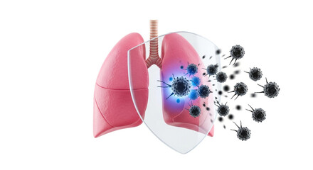 Lungs with protective shield blocking cancer cells, disease prevention and medical support in healthcare