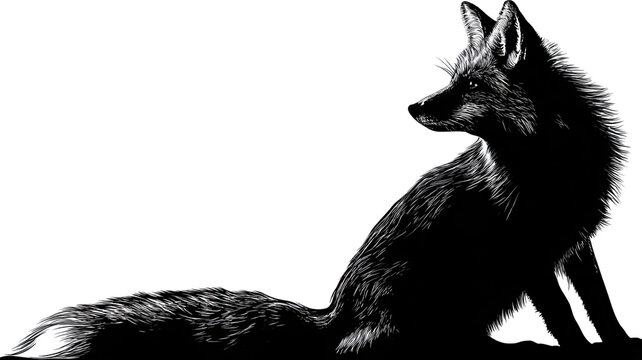 Cute black and white fox illustration with fur and tail, an animal drawing isolated on white