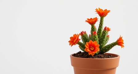Vibrant Orange Flowering Cactus in a Simple Clay Pot on a Light Background