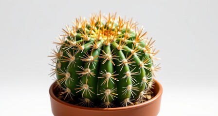 Spiky Green Cactus in a Brown Pot with Bright Orange Spines and Blurred White Background