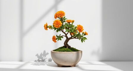 Beautiful Orange Flowering Bonsai Tree in Elegant Pot with Sunlight and Shadow Play