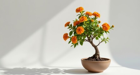 Vibrant Flowering Bonsai Tree in Minimalist Pot with Soft Shadows on White Background