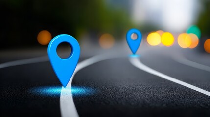 Scenic roadway with prominent blue direction marker guiding travelers along path.