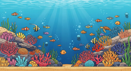 Underwater coral reef ecosystem illustration with tropical fish and marine life scene vector design