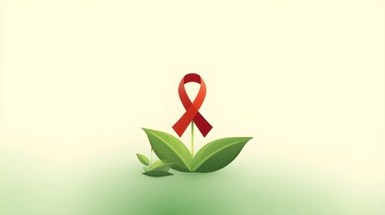 AIDS HIV Awareness Red Ribbon Symbol with Green Plant Leaves Growth
