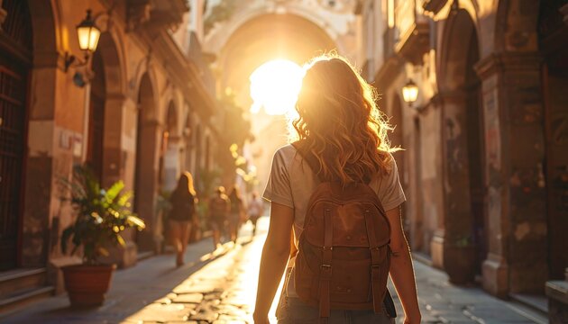 Woman walks sunlit cobblestone street flanked by old buildings, backpack in tow, heading towards a bright opening