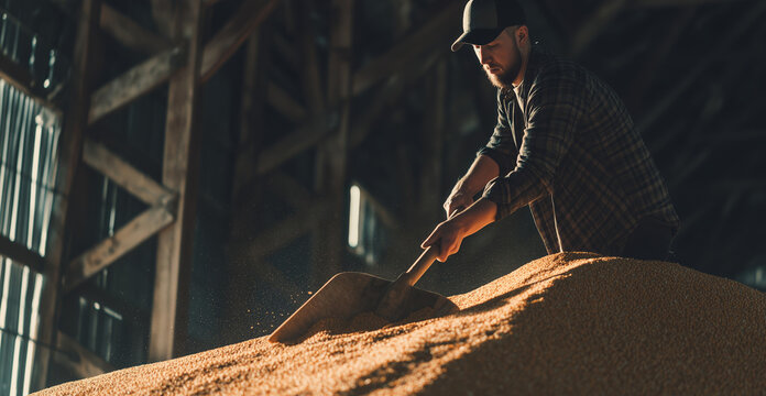 Young Caucasian man in plaid shirt shoveling grain in sunlit barn, concept for hard work and agriculture