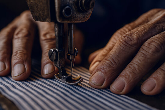 Closeup of mature Caucasian man's hands sewing fabric with vintage sewing machine, concept for craftsmanship and attention to detail