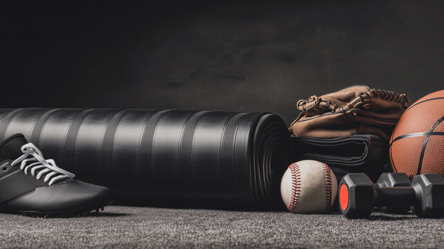 Sports equipment including black sneakers yoga mat baseball glove baseball basketball and dumbbell on textured carpet