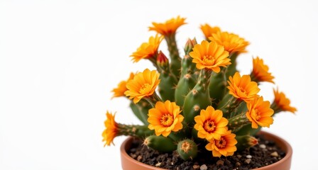 Bright Orange Flowers on Cactus Plant in Terracotta Pot Against White Background
