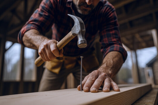 Caucasian middle aged man hammering nail into wooden plank in rustic workshop - Powered by Adobe