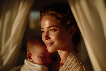 Peaceful close-up of a smiling mother with closed eyes, gently cuddling her sleeping newborn wrapped in a soft blanket, capturing warmth, love, and tender family bonding.
