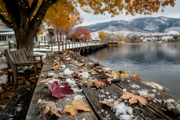Scenic close-up of autumn leaves and pinecones covered in snow on a wooden path near a river, with colorful fall trees and snowcapped mountains in the background, blending seasons in nature.
