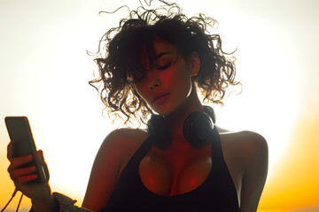 A stylish woman with curly hair and headphones around her neck looks at her smartphone, illuminated by warm, golden backlighting during sunset, creating a vibrant and moody atmosphere.
