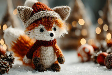 Adorable hand-crocheted bunny doll wearing a red Santa hat and scarf, surrounded by festive holiday lights and Christmas ornaments in a cozy winter setting.
