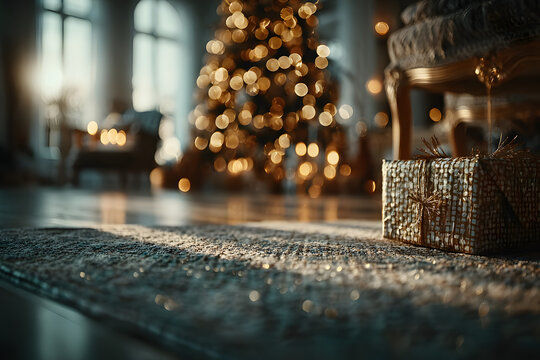 Festive interior with a glowing Christmas tree and a wrapped gift in golden paper under warm lights, evoking holiday spirit, warmth, and cozy seasonal ambiance.
 - Powered by Adobe