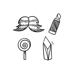 Hand-drawn doodles featuring a mustache, lollipop, gemstone, and lipstick a playful collection of icons