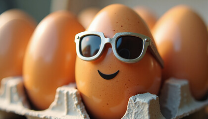Cartoon egg wears sunglasses, close up in carton