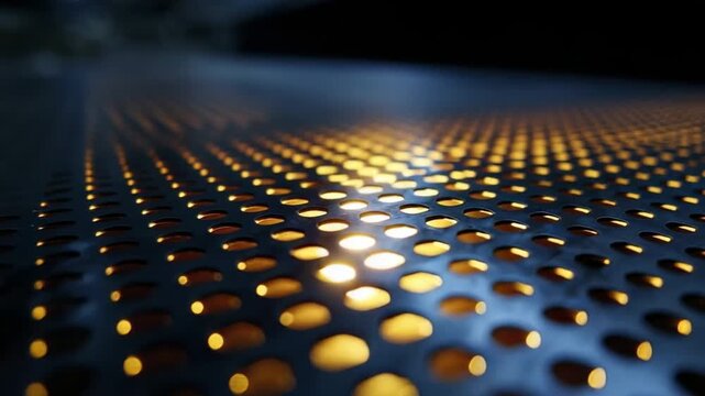 A low-angle selective focus view of a perforated metal sheet with warm light shining through its circular holes creating a patterned effect