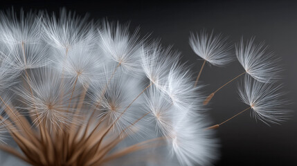 Fototapeta premium Dandelion seed head closeup with delicate white seeds floating in air, soft focus, nature, peaceful, dreamy mood
