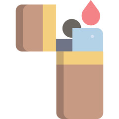 Flat Design Icon of a Lighter Open With a Small Flame Ignited Featuring a Brown Casing Yellow Accent and Light Blue and Gray Details on a Transparent Background