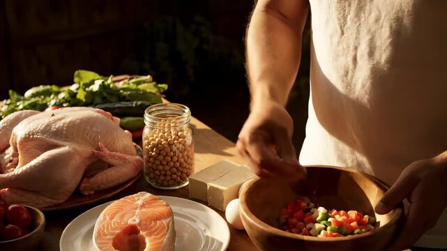 Preparing fresh meal with salmon. Chef places salmon beside chicken. Hands toss salad in wooden bowl. Egg and jar of chickpea sit near board. Kitchen food prep shows fresh ingredient use for dinner.
